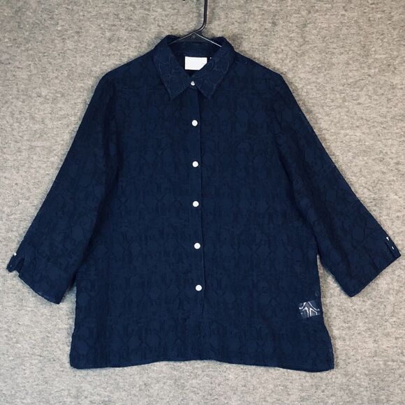 Alfred Dunner Blouse Womens 12 Navy Blue Semi Sheer Lace Geometric Button-Down - Picture 1 of 11